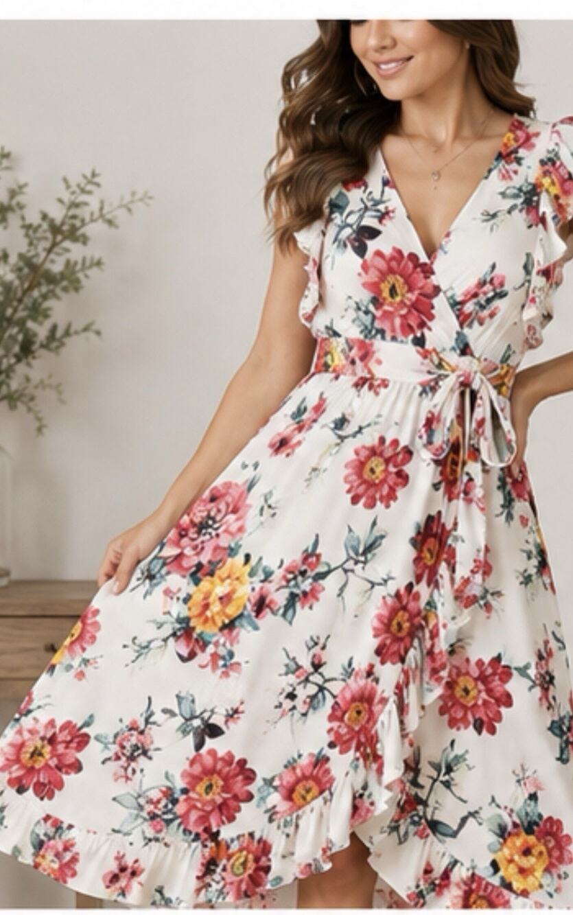 Minette Womens Medium Floral Wrap Style Midi Dress White Ruffle Tie Waist